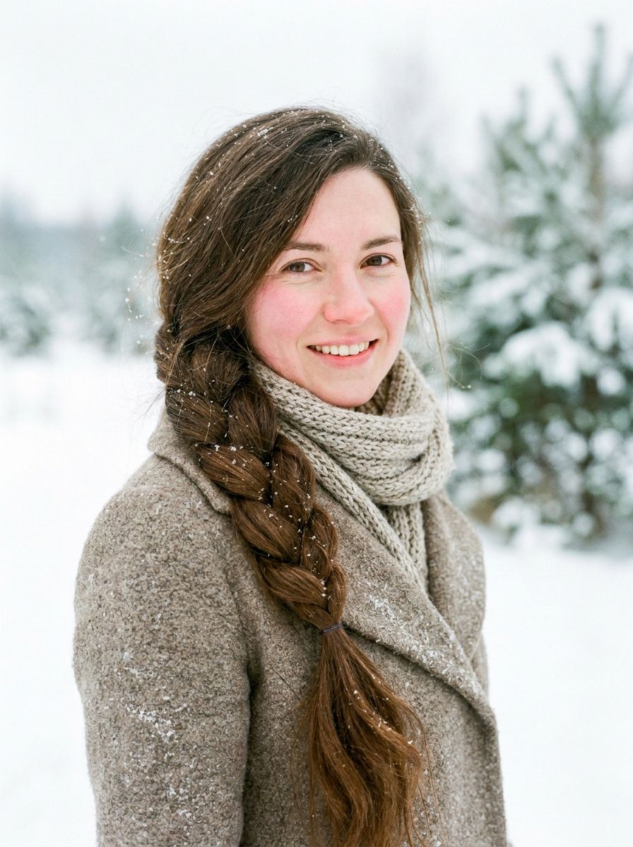 Dicker Flechtzopf über dem Mantel - Winterfrisuren für lange Haare